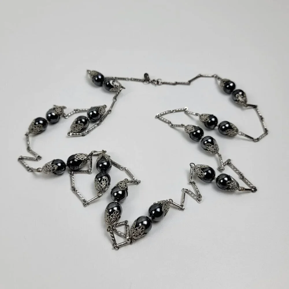 Vtg. Lisa Gray Hematite Long Strand Station Necklace 53 Inch Silver-Tone Opera